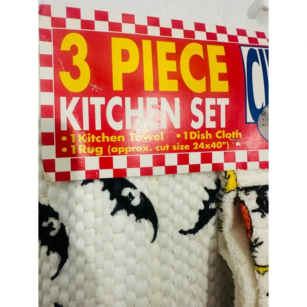 Vintage Halloween Kitchen Set NWT 80s Cindis Kitchen Rug Towel Dishcloth Kitsch